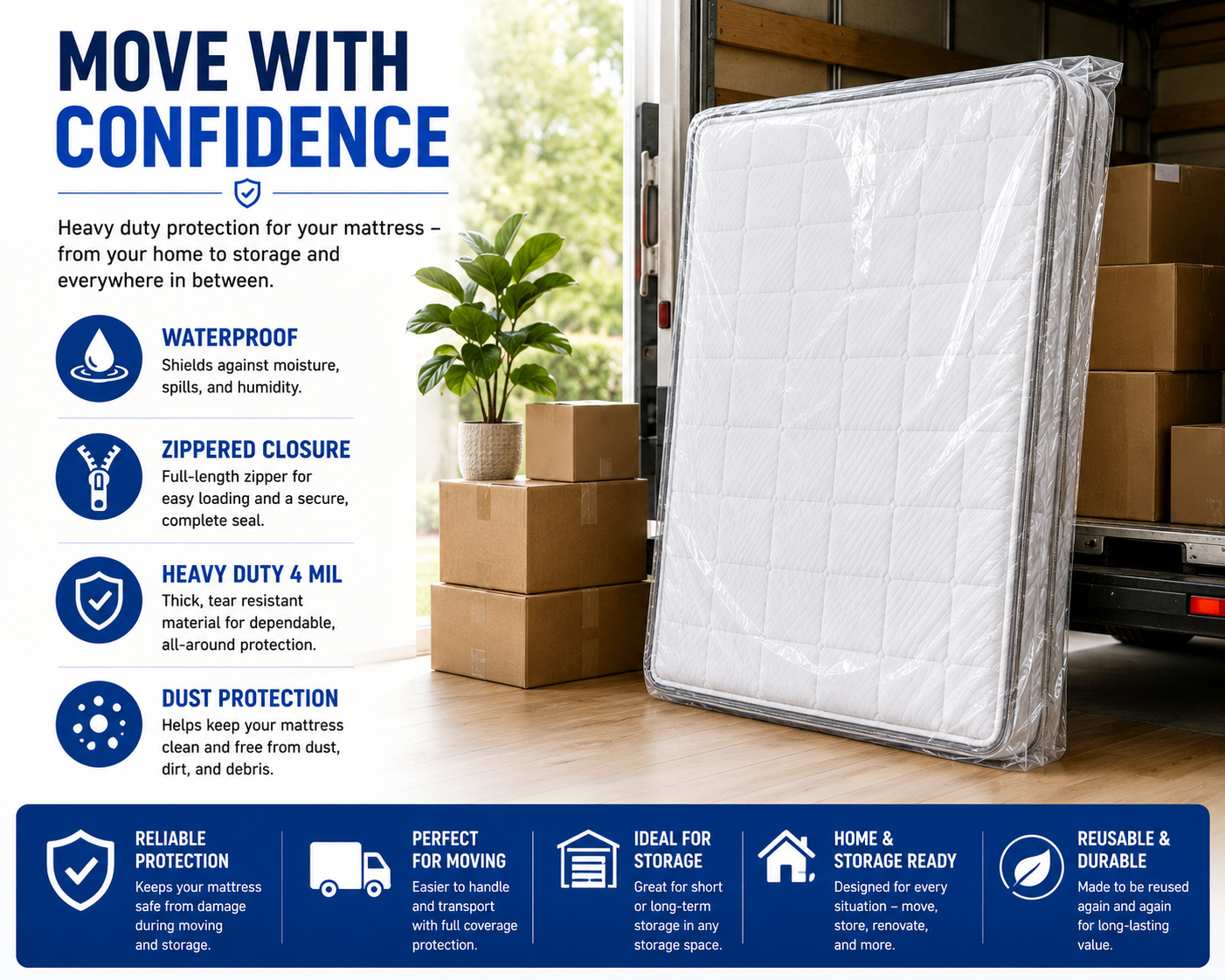 Mattress Bag for Moving & Storage, Queen Size, 4 Mil Heavy Duty Plastic Mattress Cover with Zipper, Waterproof Mattress Protector for Moving, Storage & Disposal