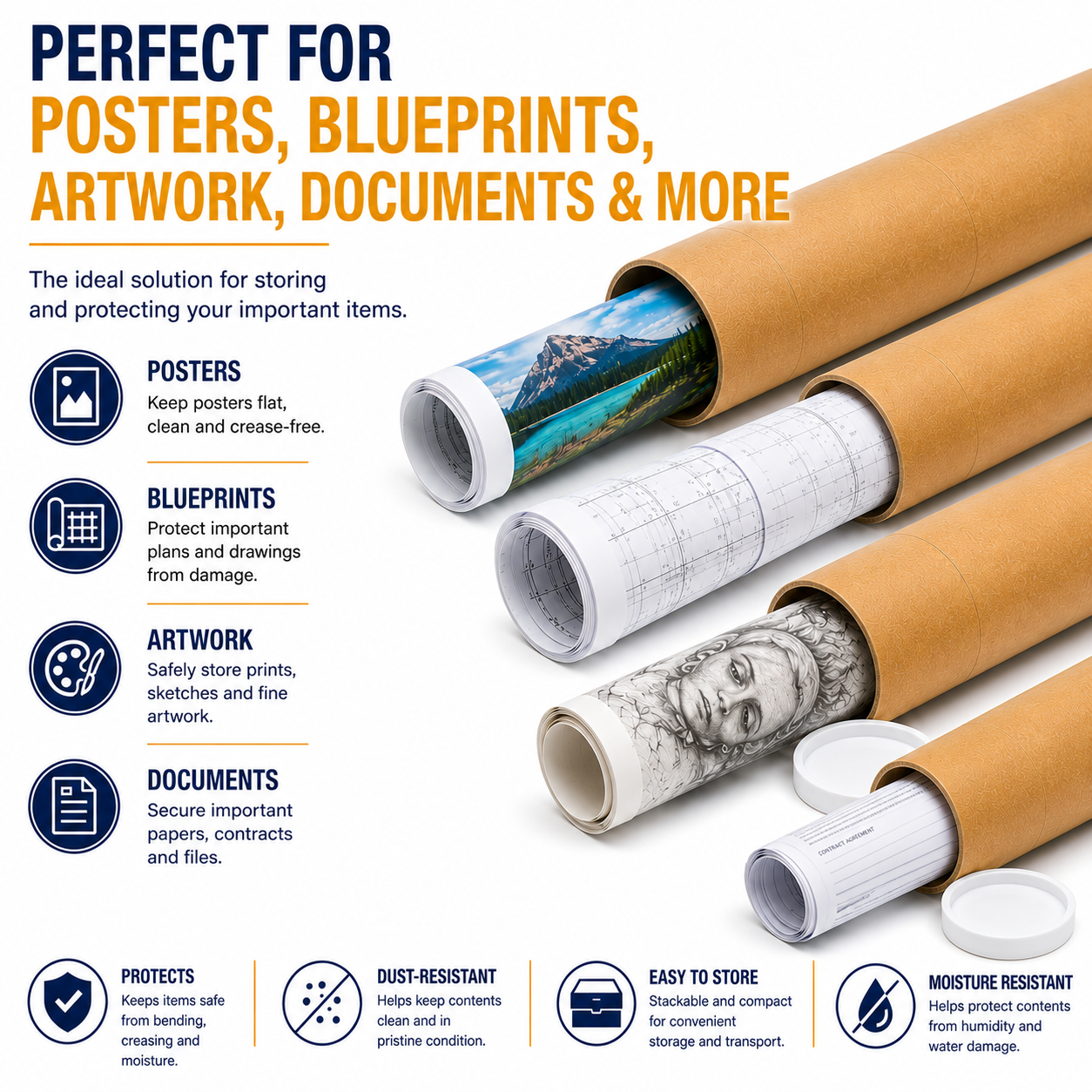 36" Kraft Mailing Tubes with End Caps, 6 Pack, 3 Inch Diameter Heavy Duty Cardboard Shipping Tubes for Posters, Blueprints, Artwork, Documents, Maps & Crafts
