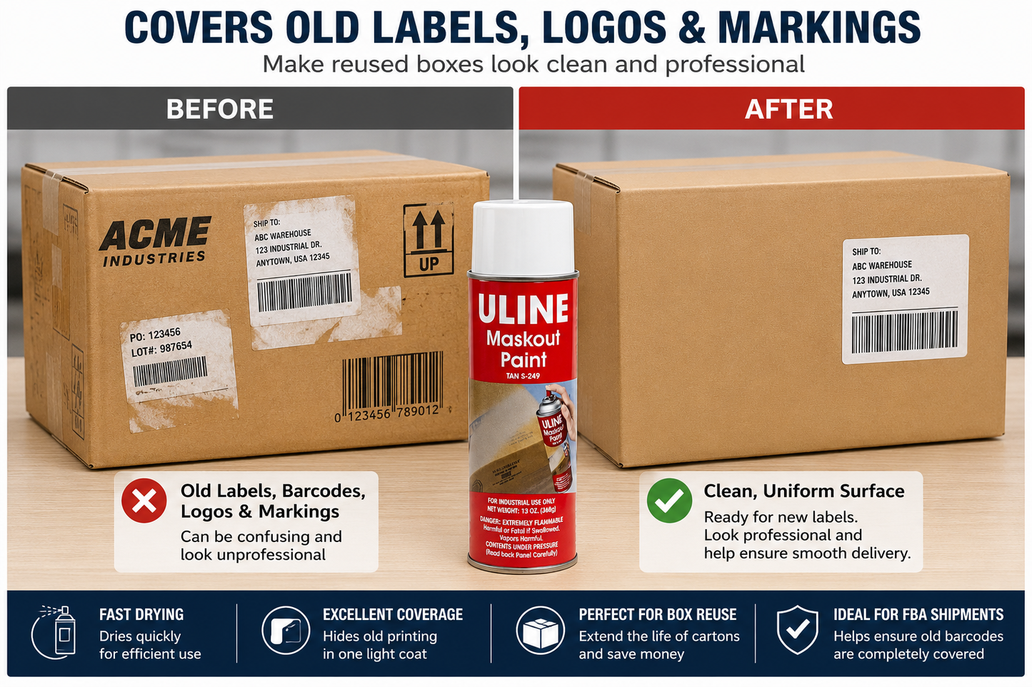 Uline Maskout Spray Paint, Tan S-249, 13 oz Aerosol Cans, 2-Pack – Covers Old Shipping Labels, Barcodes & Carton Markings for Reused Boxes