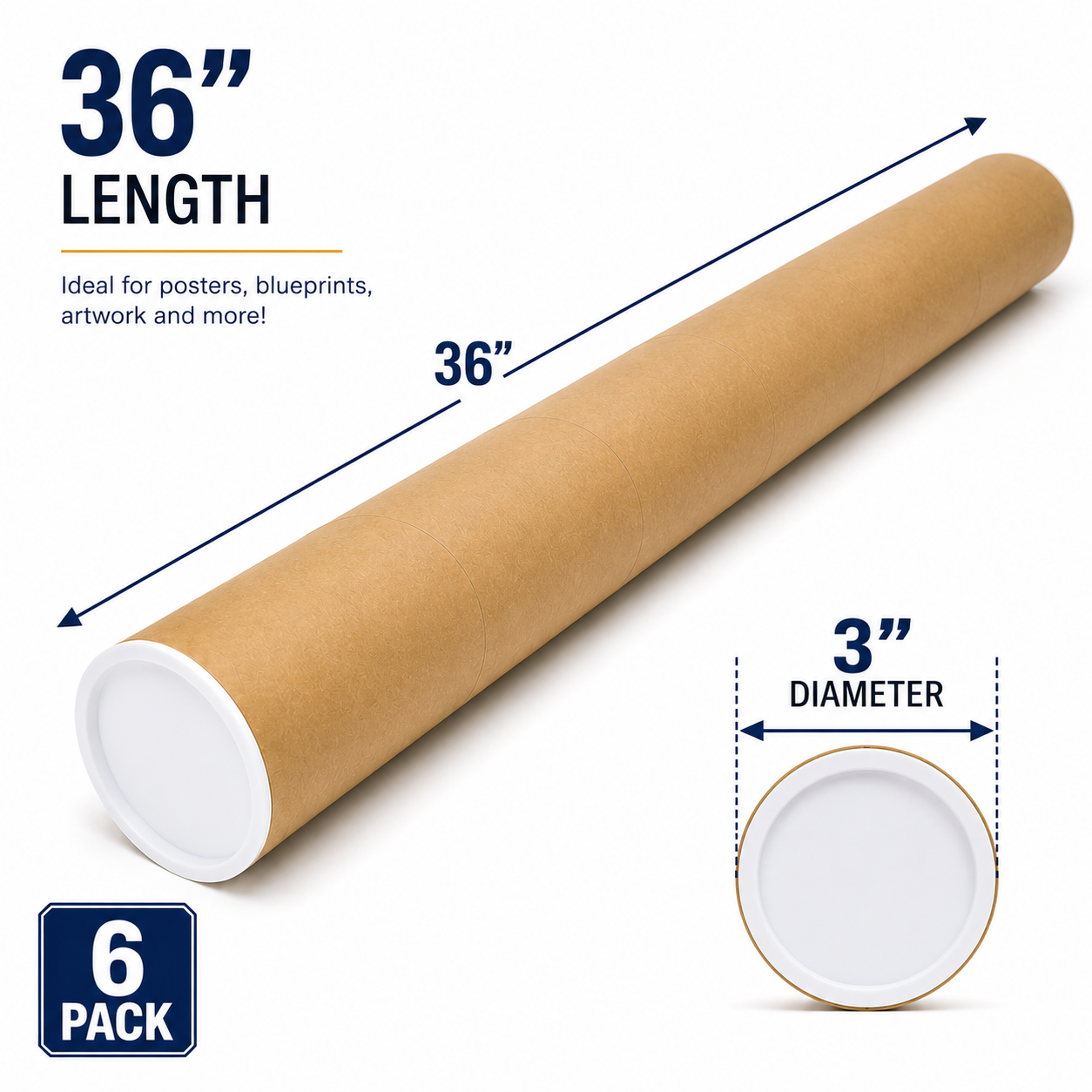 36" Kraft Mailing Tubes with End Caps, 6 Pack, 3 Inch Diameter Heavy Duty Cardboard Shipping Tubes for Posters, Blueprints, Artwork, Documents, Maps & Crafts
