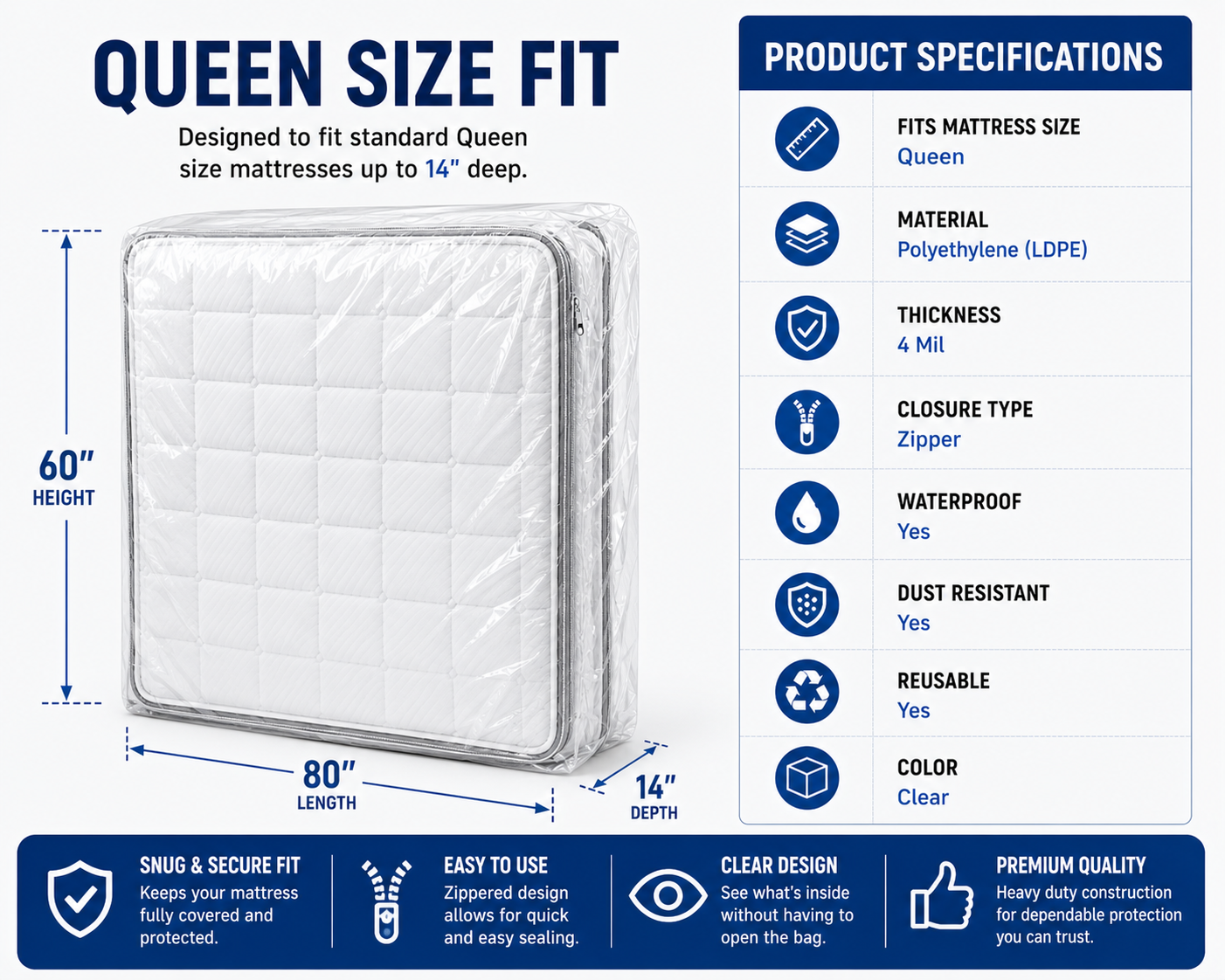 Mattress Bag for Moving & Storage, Queen Size, 4 Mil Heavy Duty Plastic Mattress Cover with Zipper, Waterproof Mattress Protector for Moving, Storage & Disposal
