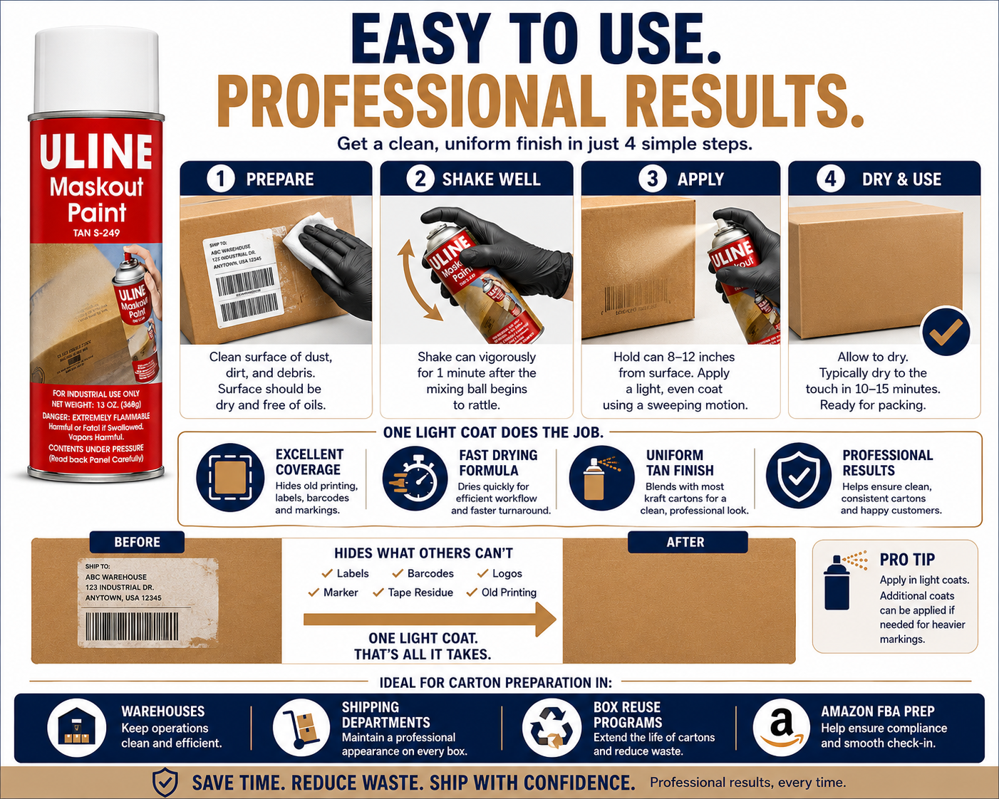 Uline Maskout Spray Paint, Tan S-249, 13 oz Aerosol Cans, 2-Pack – Covers Old Shipping Labels, Barcodes & Carton Markings for Reused Boxes